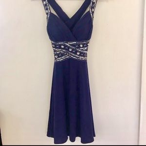 Short navy blue strappy sequined dress w crossback
